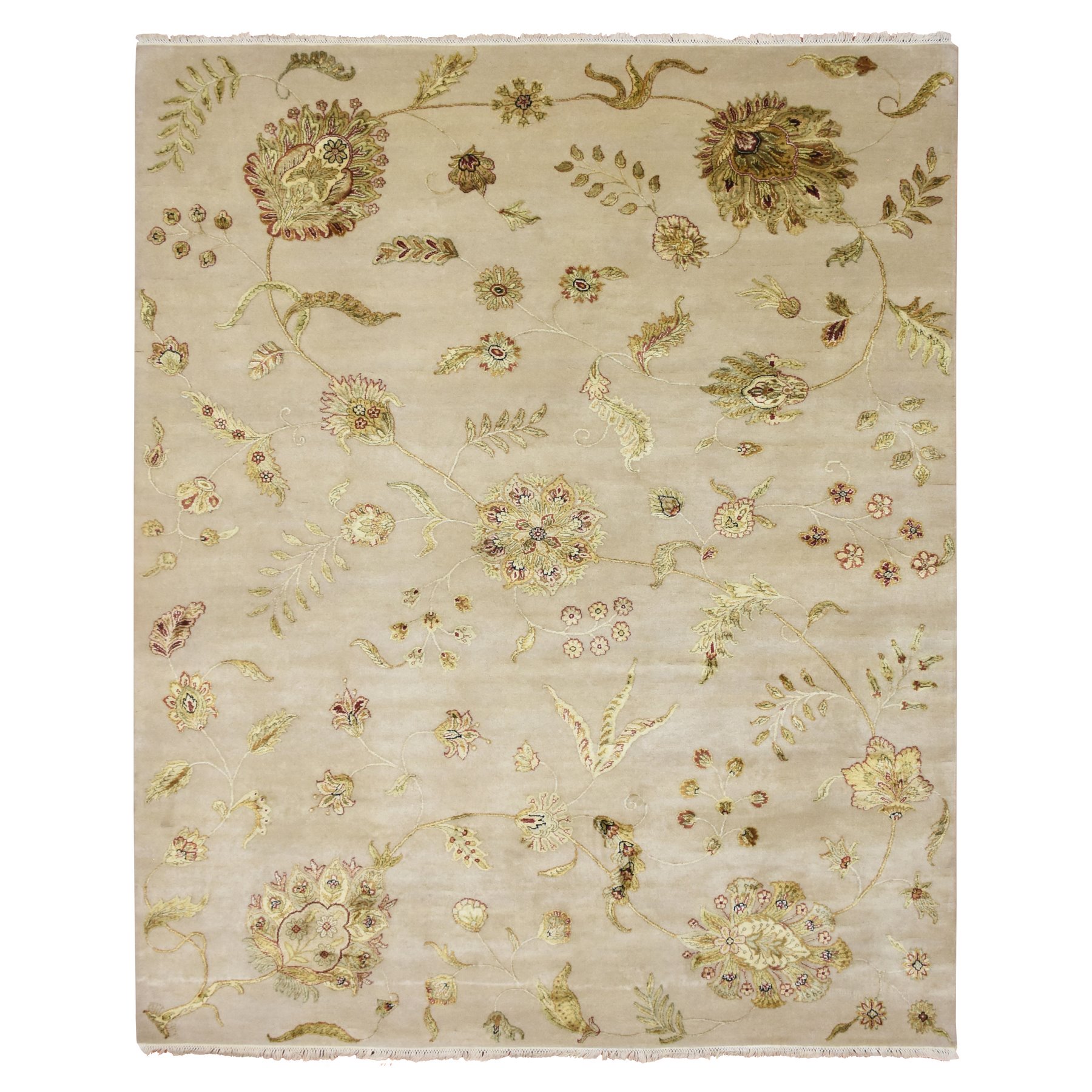 Linen White, Borderless Botanical Design, Half Wool and Half Silk, Densely Woven, Soft Pile, Hand Knotted, Oriental Rug